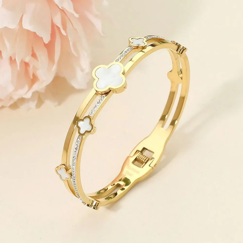 White Gold Metal Split Mother Of Pearl CZ Quatrefoil Clover Bracelet Bangle
